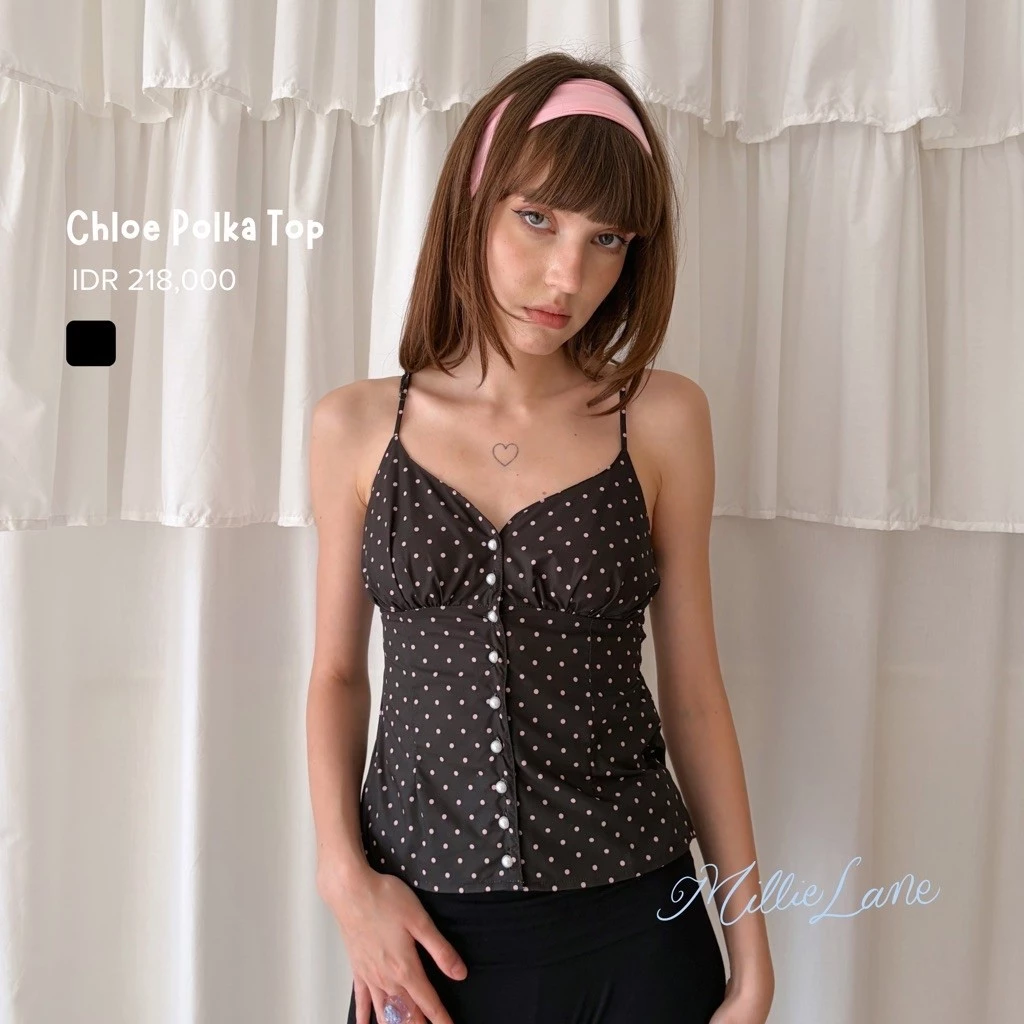 Millie Lane Chloe Polka Top hitam dengan motif polkadot